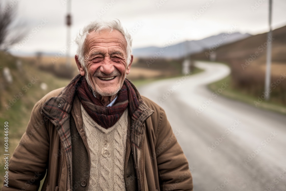 Environmental portrait photography of a satisfied old man wearing a cozy sweater against a winding country road background. With generative AI technology