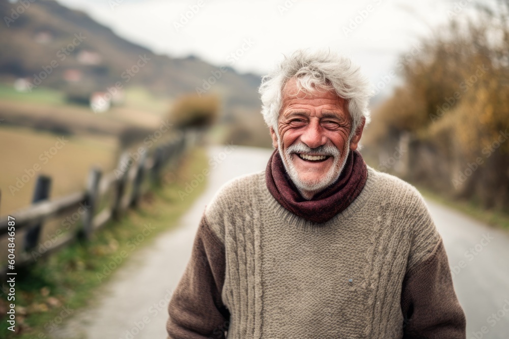 Environmental portrait photography of a satisfied old man wearing a cozy sweater against a winding country road background. With generative AI technology Environmental portrait photography of a satisfied old man wearing a cozy sweater against a winding country road background. With generative AI technology