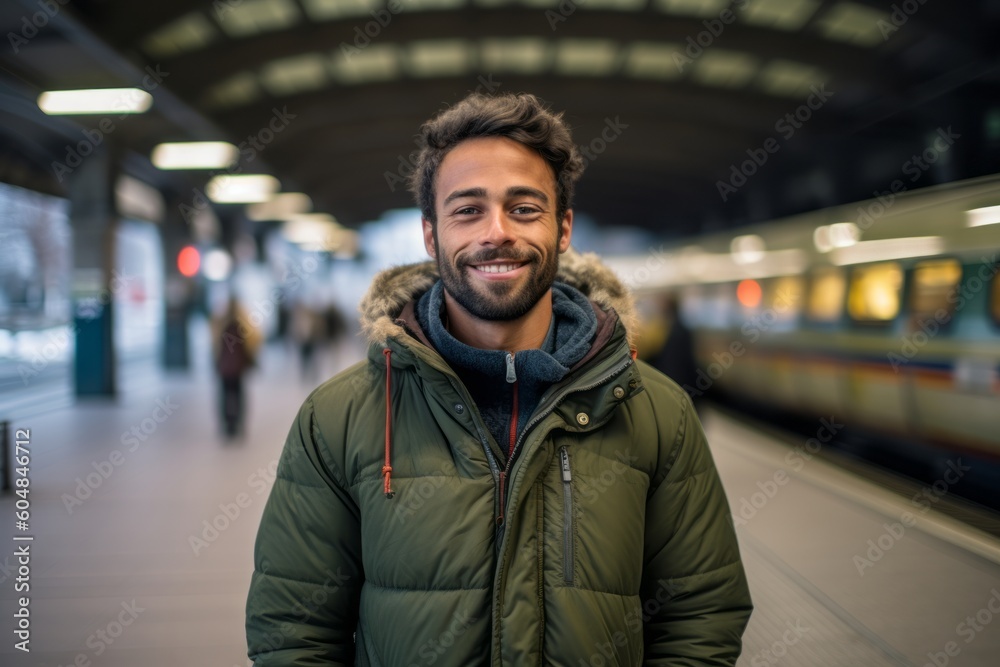 Medium shot portrait photography of a glad boy in his 30s wearing a cozy sweater against a train station background. With generative AI technology