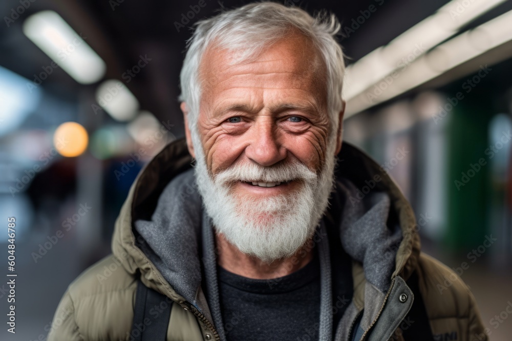Close-up portrait photography of a happy mature man wearing a comfortable hoodie against a train station background. With generative AI technology Close-up portrait photography of a happy mature man wearing a comfortable hoodie against a train station background. With generative AI technology