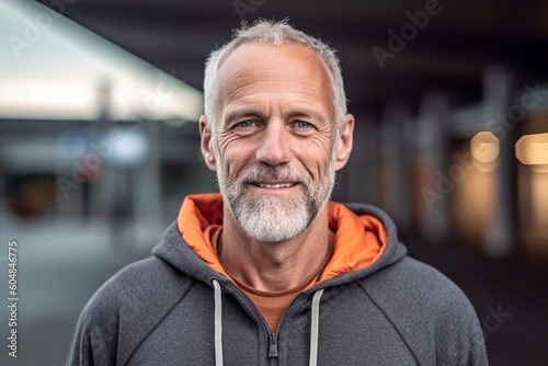 Close-up portrait photography of a happy mature man wearing a comfortable hoodie against a train station background. With generative AI technology