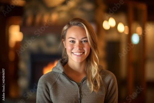 Medium shot portrait photography of a grinning girl in her 30s wearing breezy shorts against a cozy fireplace background. With generative AI technology