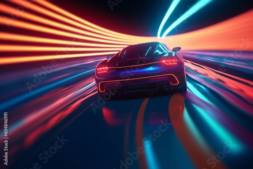 High speed Car on a racetrack, with a trail of neon lights following its path, symbolizing speed, performance, and a futuristic aesthetic. Generative AI