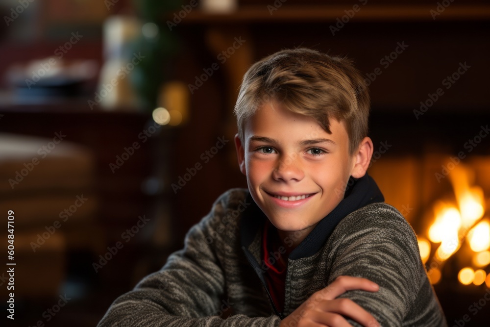Photography in the style of pensive portraiture of a grinning mature boy wearing a comfortable pair of jeggings against a cozy fireplace background. With generative AI technology Photography in the style of pensive portraiture of a grinning mature boy wearing a comfortable pair of jeggings against a cozy fireplace background. With generative AI technology