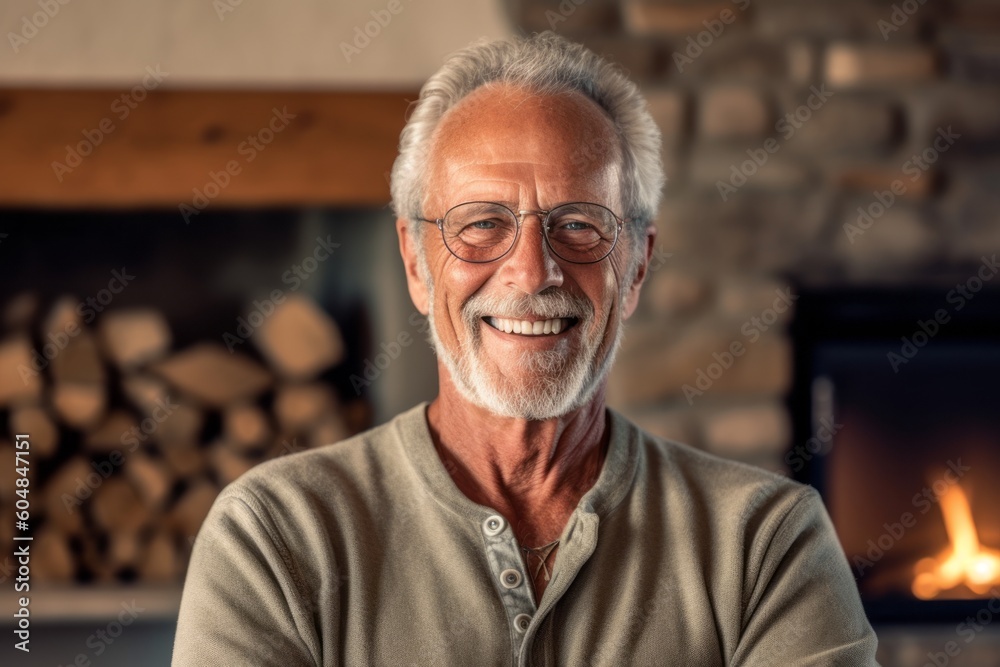Lifestyle portrait photography of a satisfied old man wearing a casual t-shirt against a cozy fireplace background. With generative AI technology Lifestyle portrait photography of a satisfied old man wearing a casual t-shirt against a cozy fireplace background. With generative AI technology