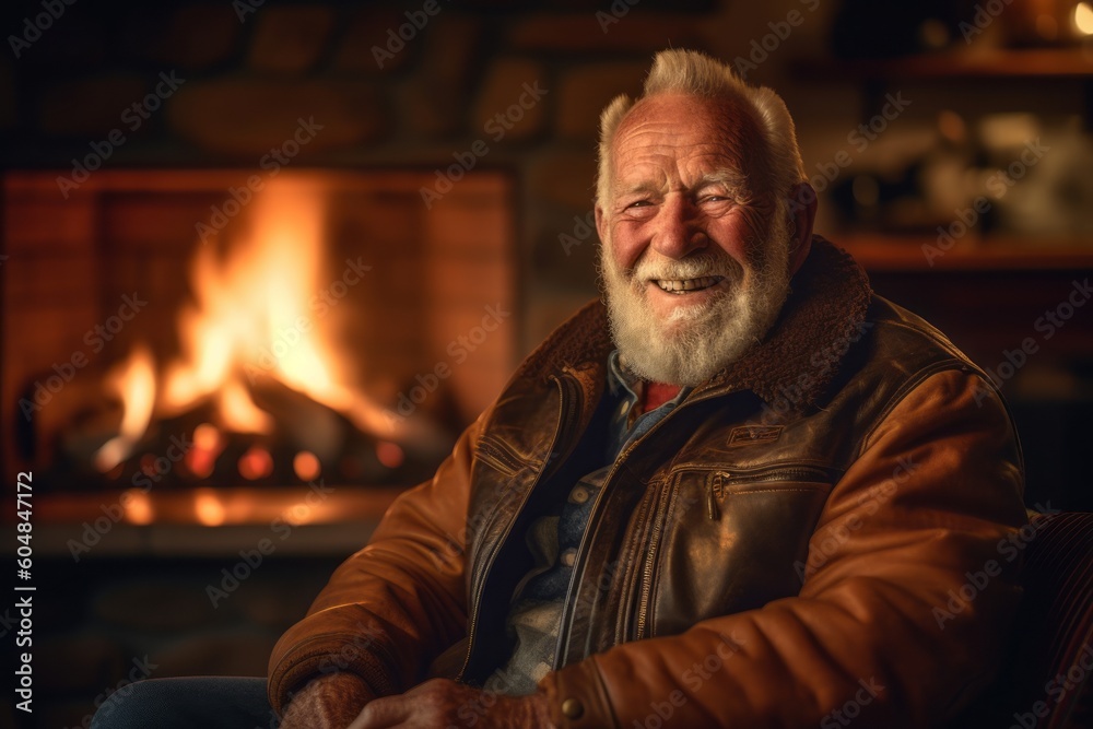 Environmental portrait photography of a happy old man wearing a trendy leather jacket against a cozy fireplace background. With generative AI technology
