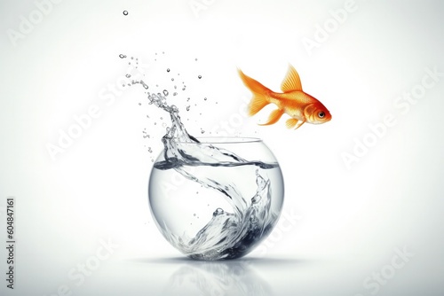 Goldfish jumping out of a water bowl, isolated on white background