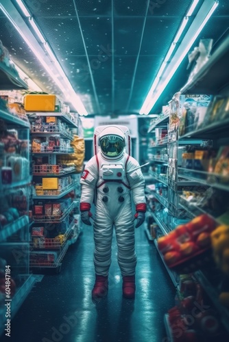 Astronaut standing in the aisle of a supermarket and looking at the camera. abstract situation, absurd, nonsense situation. generative Ai