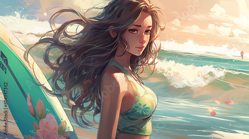 a beautiful sad looking anime surfergirl at the beach, waves in background, generative ai technology photo