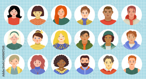 Modern young people avatar set. Different men and women portrait collection. Great for social network, creating sticker packs