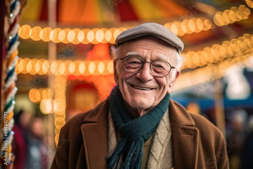 Lifestyle portrait photography of a grinning old man wearing a cozy sweater against a carnival background. With generative AI technology