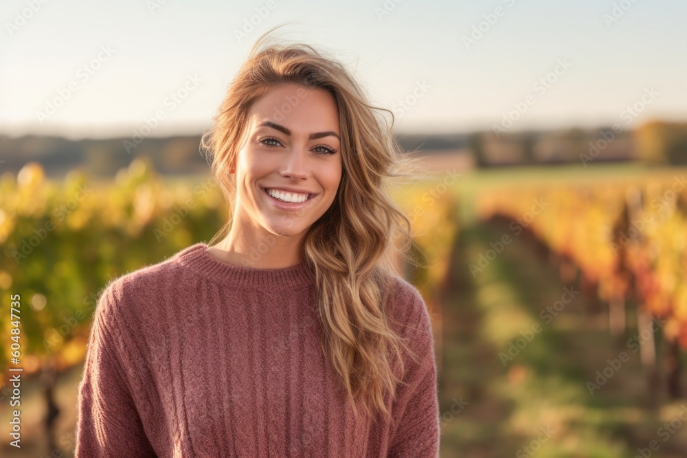 Lifestyle portrait photography of a grinning girl in her 30s wearing a cozy sweater against a vineyard background. With generative AI technology Lifestyle portrait photography of a grinning girl in her 30s wearing a cozy sweater against a vineyard background. With generative AI technology
