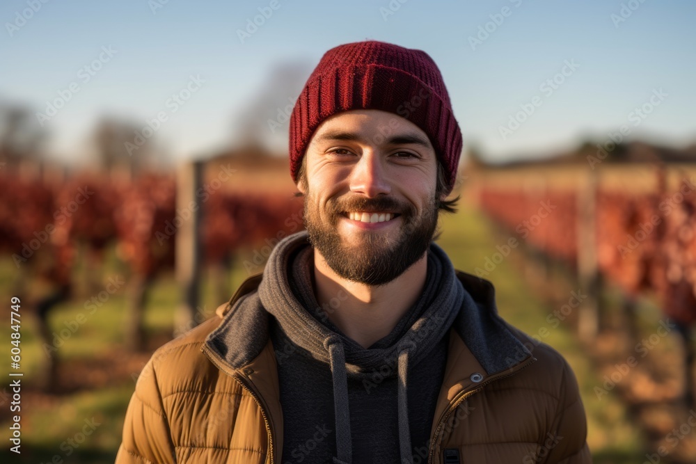 Lifestyle portrait photography of a glad boy in his 30s wearing a warm beanie or knit hat against a vineyard background. With generative AI technology Lifestyle portrait photography of a glad boy in his 30s wearing a warm beanie or knit hat against a vineyard background. With generative AI technology