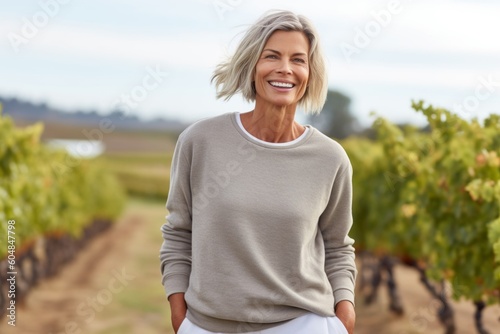 Medium shot portrait photography of a happy mature woman wearing soft sweatpants against a vineyard background. With generative AI technology