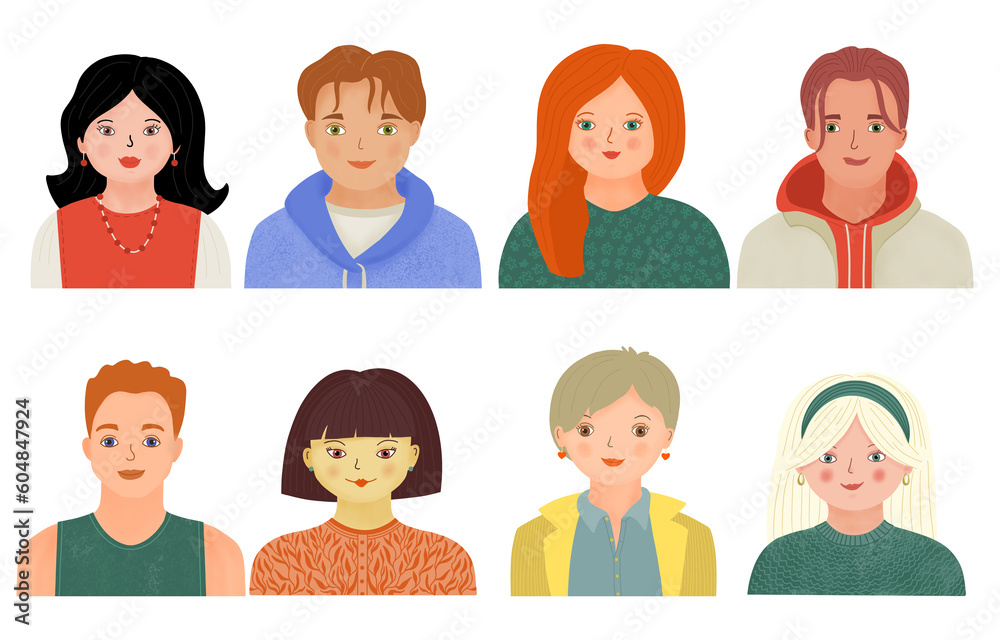 Modern young people avatar set. Different men and women portrait collection. Bright colors Modern young people avatar set. Different men and women portrait collection. Bright colors