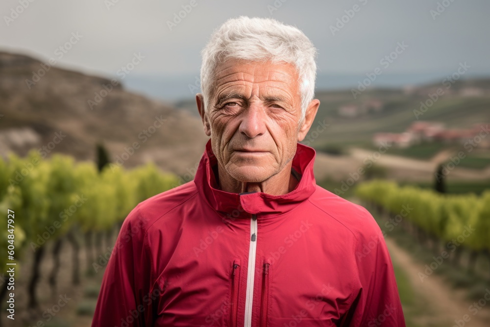 Studio portrait photography of a glad old man wearing a comfortable tracksuit against a vineyard background. With generative AI technology