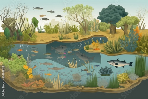 diverse community of freshwater organisms and plants in a pond ecosystem, created with generative ai
