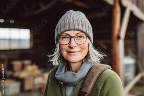 Environmental portrait photography of a glad mature woman wearing a warm beanie or knit hat against a rustic farmhouse background. With generative AI technology