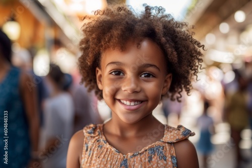 Close-up portrait photography of a grinning kid female wearing a chic jumpsuit against a bustling marketplace background. With generative AI technology