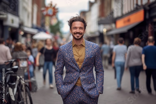 Lifestyle portrait photography of a happy boy in his 30s wearing a chic jumpsuit against a bustling marketplace background. With generative AI technology
