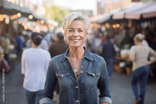Medium shot portrait photography of a glad mature woman wearing comfortable jeans against a bustling marketplace background. With generative AI technology