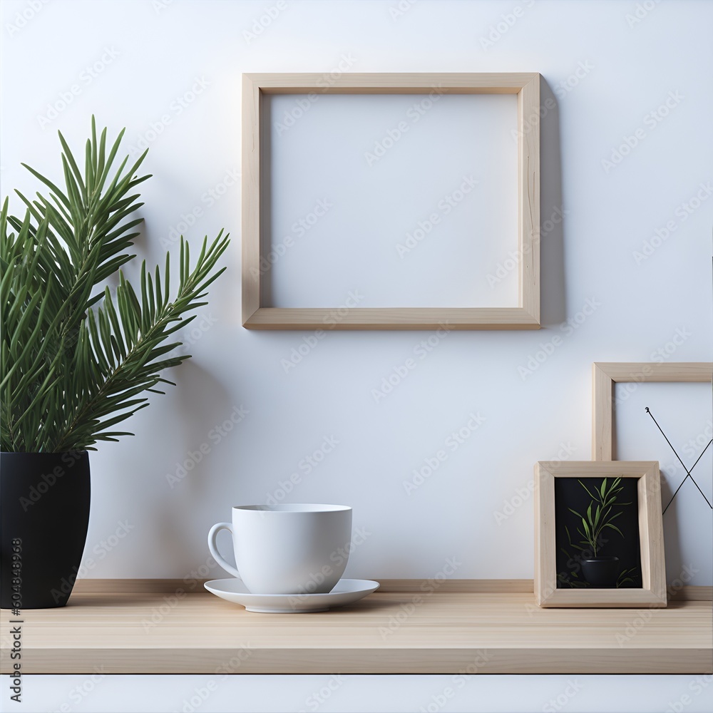 Mediterranean breakfast still life. Cup, books. Empty wooden picture frame mockup on desk, table. Vase with olive branches. Elegant working space, home office. Scandinavian interior. AI Generation Mediterranean breakfast still life. Cup, books. Empty wooden picture frame mockup on desk, table. Vase with olive branches. Elegant working space, home office. Scandinavian interior. AI Generation