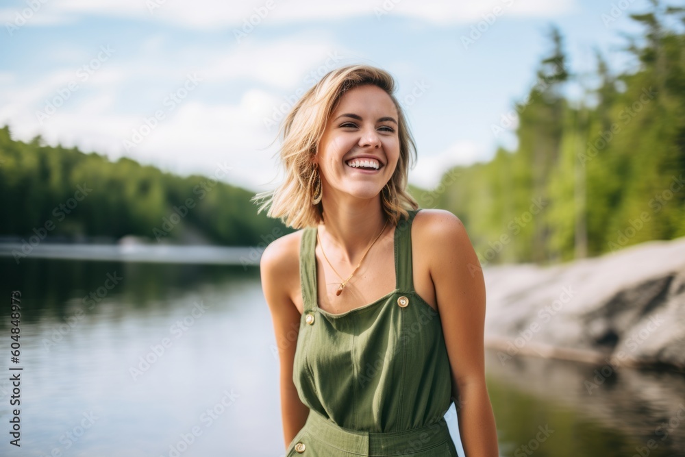Lifestyle portrait photography of a happy girl in her 30s wearing a trendy jumpsuit against a tranquil lake background. With generative AI technology Lifestyle portrait photography of a happy girl in her 30s wearing a trendy jumpsuit against a tranquil lake background. With generative AI technology