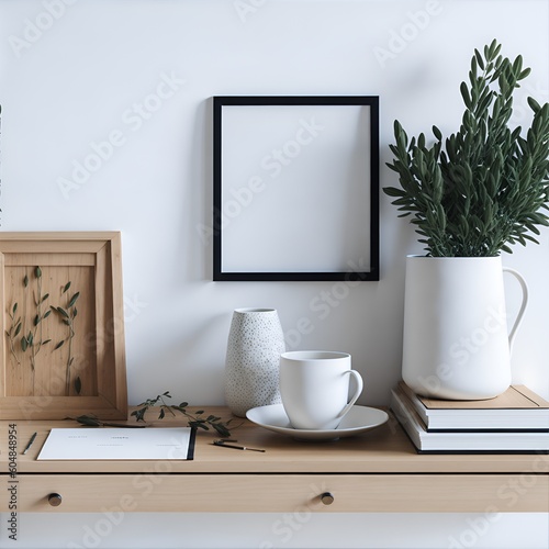 Mediterranean breakfast still life. Cup  books. Empty wooden picture frame mockup on desk  table. Vase with olive branches. Elegant working space  home office. Scandinavian interior. AI Generation