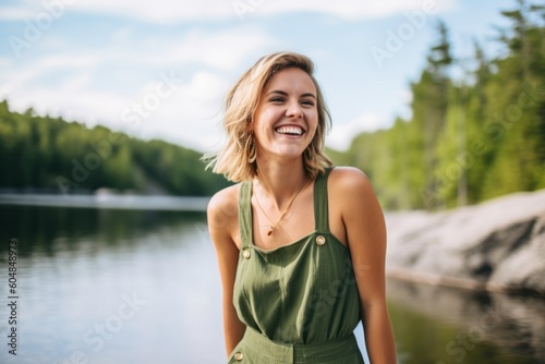 Lifestyle portrait photography of a happy girl in her 30s wearing a trendy jumpsuit against a tranquil lake background. With generative AI technology