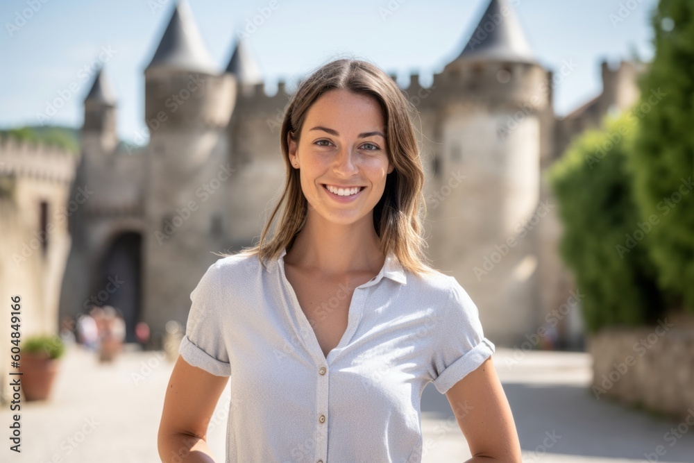 Environmental portrait photography of a grinning girl in her 30s wearing a casual short-sleeve shirt against a medieval castle background. With generative AI technology