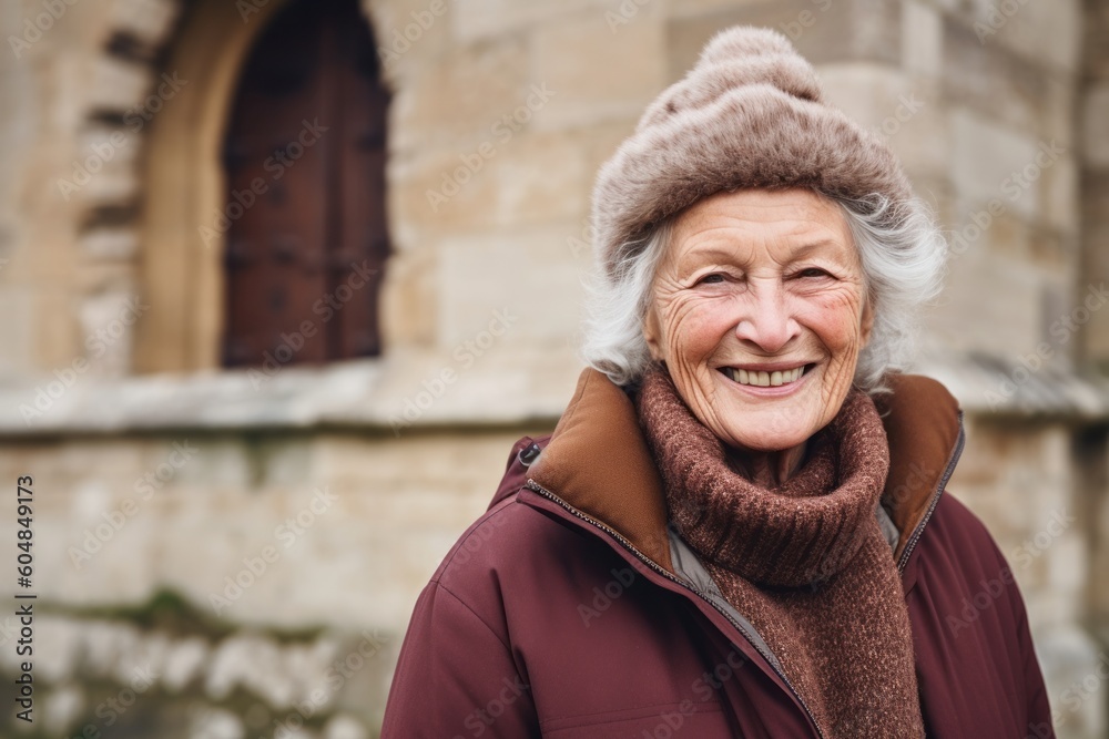 Lifestyle portrait photography of a grinning mature woman wearing a cozy winter coat against a medieval castle background. With generative AI technology Lifestyle portrait photography of a grinning mature woman wearing a cozy winter coat against a medieval castle background. With generative AI technology