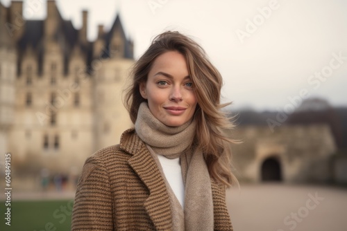 Medium shot portrait photography of a glad girl in her 30s wearing a chic cardigan against a medieval castle background. With generative AI technology © Markus Schröder