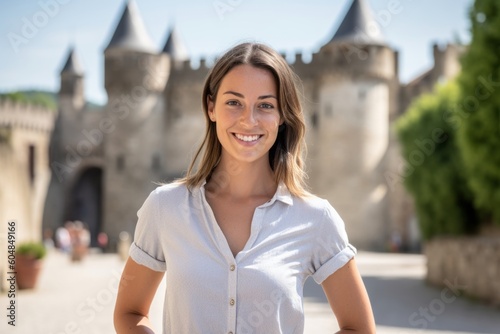 Environmental portrait photography of a grinning girl in her 30s wearing a casual short-sleeve shirt against a medieval castle background. With generative AI technology © Markus Schröder