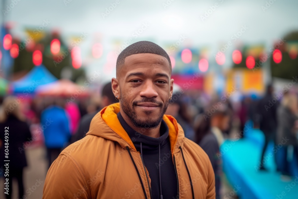 Environmental portrait photography of a glad boy in his 30s wearing a comfortable tracksuit against a vibrant festival background. With generative AI technology Environmental portrait photography of a glad boy in his 30s wearing a comfortable tracksuit against a vibrant festival background. With generative AI technology
