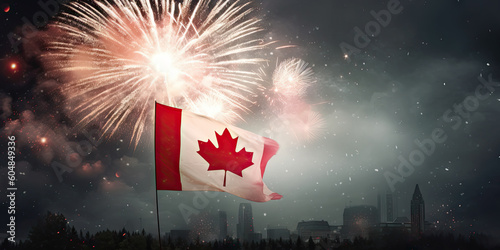 Canada Day poster with flag and fireworks with copy space - Generative AI photo