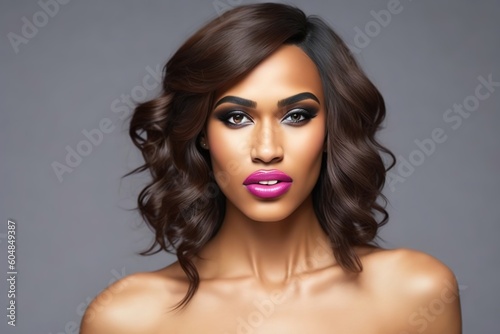 Beautiful black African American transgender woman beauty close up portrait on gray background. Trans lgtbi. Copy space text.