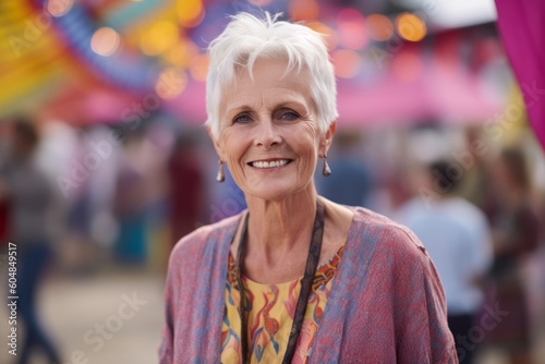 Medium shot portrait photography of a glad mature woman wearing a chic cardigan against a vibrant festival background. With generative AI technology
