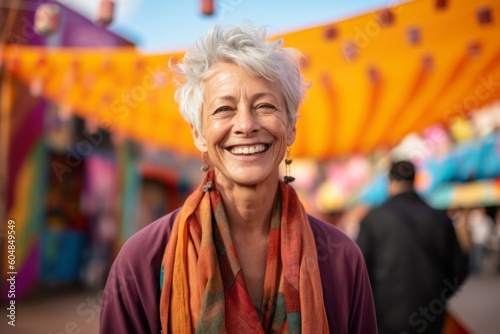Environmental portrait photography of a happy mature woman wearing soft sweatpants against a vibrant festival background. With generative AI technology