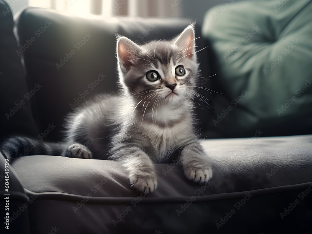 portrait of little cat relaxing on the soft couch in the living room. Adorable funny domestic little small kitty sleeping on couch at animal pet house. portrait of little cat relaxing on the soft couch in the living room. Adorable funny domestic little small kitty sleeping on couch at animal pet house.