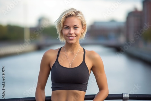 Environmental portrait photography of a glad girl in her 30s wearing a cute crop top against a riverfront background. With generative AI technology