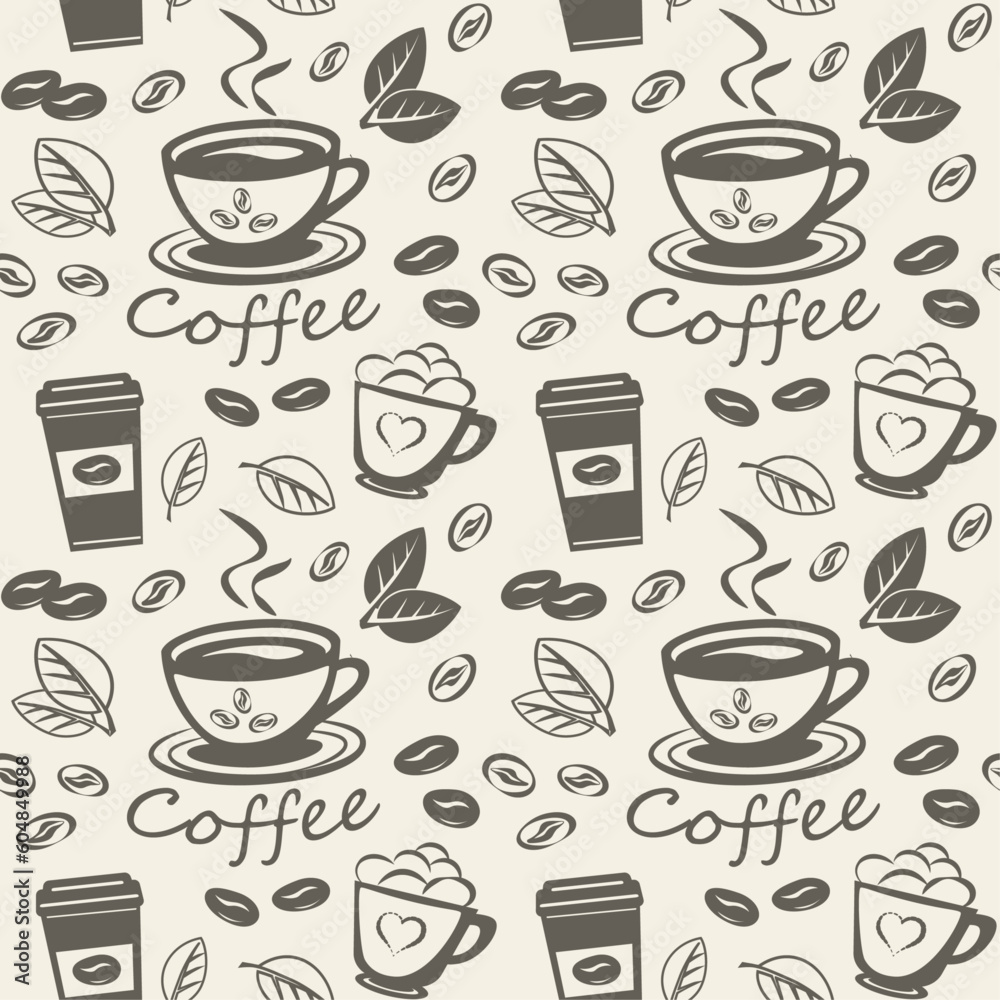 Coffee drink seamless vector pattern, monochrome linear drawing, design for coffee shop decoration, textile print, wallpaper, packaging.