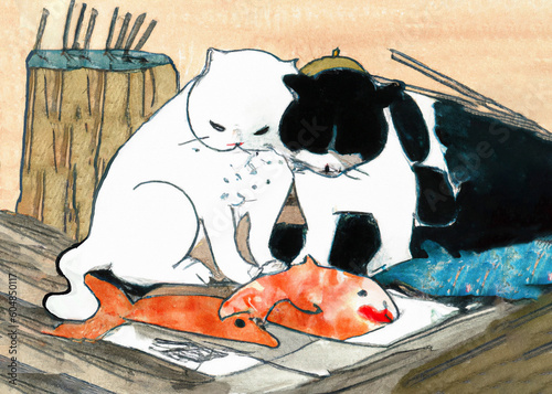 two cats sitting above fish