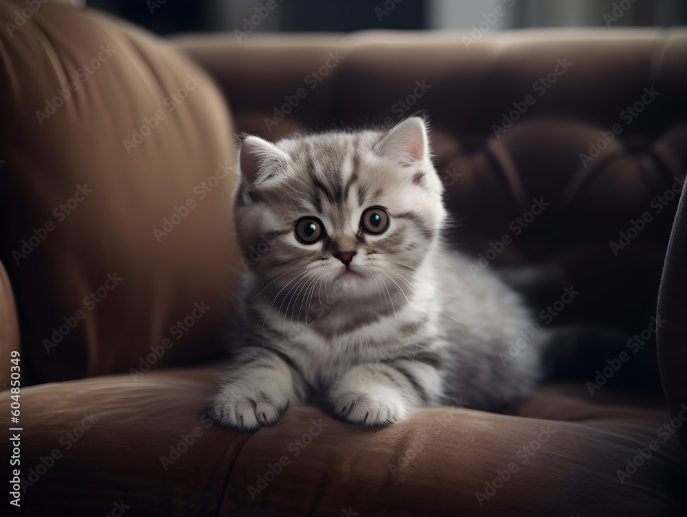 portrait of little cat relaxing on the soft couch in the living room. Adorable funny domestic little small kitty sleeping on couch at animal pet house.