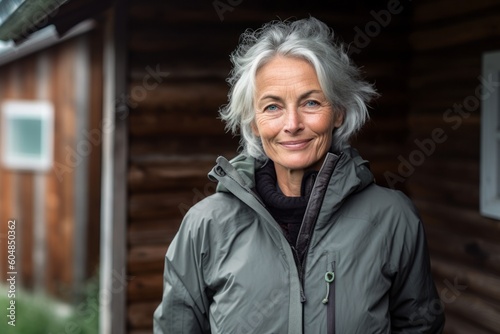 Environmental portrait photography of a satisfied mature woman wearing a lightweight windbreaker against a mountain cabin background. With generative AI technology