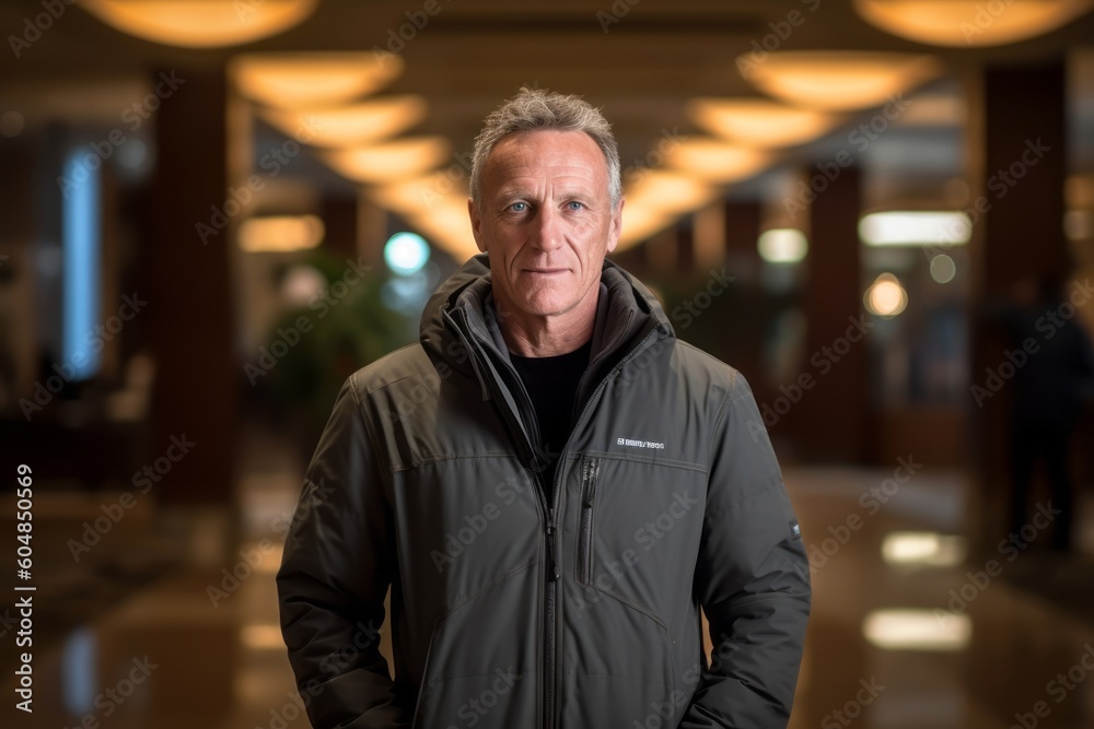 Medium shot portrait photography of a satisfied mature man wearing a lightweight windbreaker against a swanky hotel lobby background. With generative AI technology Medium shot portrait photography of a satisfied mature man wearing a lightweight windbreaker against a swanky hotel lobby background. With generative AI technology