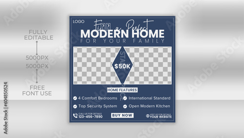 Real estate Home sale social media post or square banner template. Editable real estate house sale and home rent advertising geometric modern square Social media post