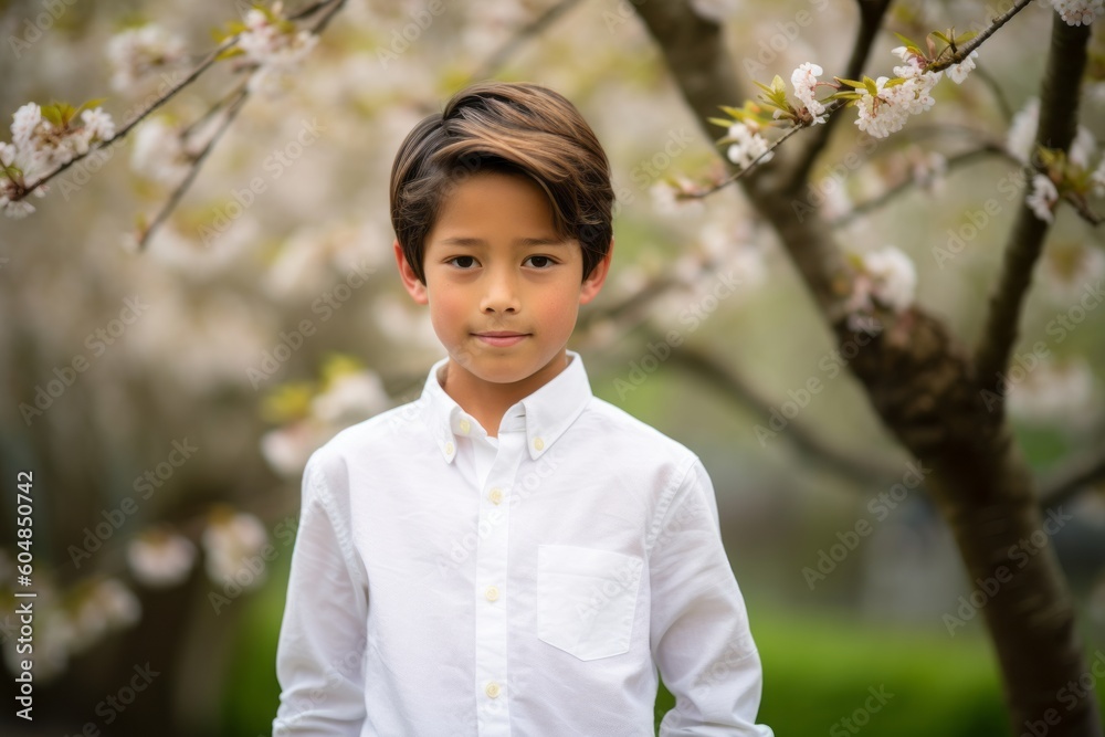 Environmental portrait photography of a satisfied kid male wearing an elegant long-sleeve shirt against a cherry blossom background. With generative AI technology Environmental portrait photography of a satisfied kid male wearing an elegant long-sleeve shirt against a cherry blossom background. With generative AI technology