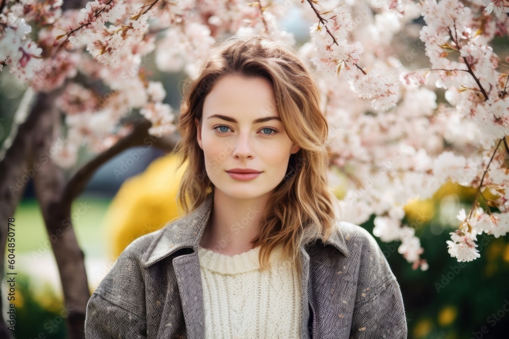 Medium shot portrait photography of a satisfied girl in her 30s wearing a chic cardigan against a cherry blossom background. With generative AI technology Medium shot portrait photography of a satisfied girl in her 30s wearing a chic cardigan against a cherry blossom background. With generative AI technology