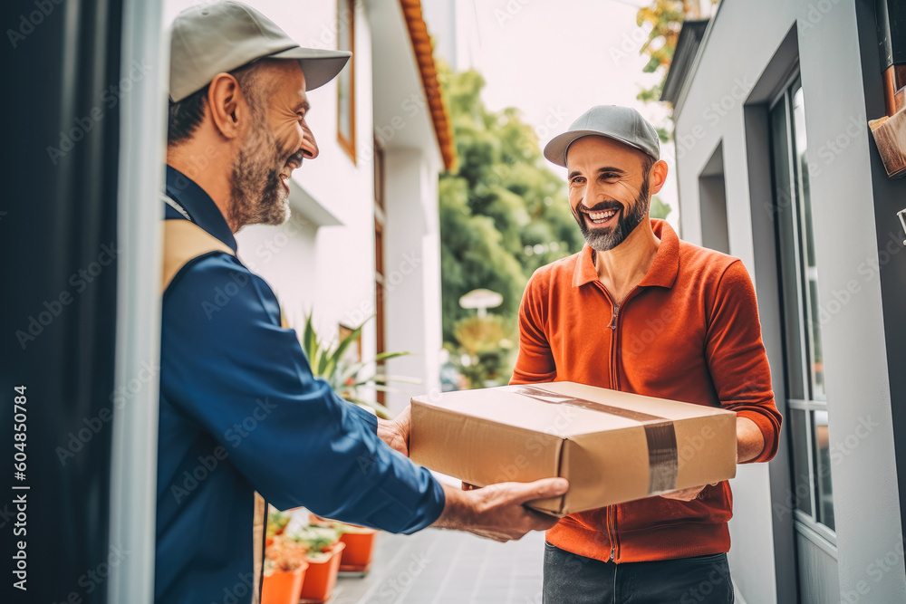 Courier making a delivery to person. Delivering directly to your door, home delivery and post service. Generative AI Courier making a delivery to person. Delivering directly to your door, home delivery and post service. Generative AI
