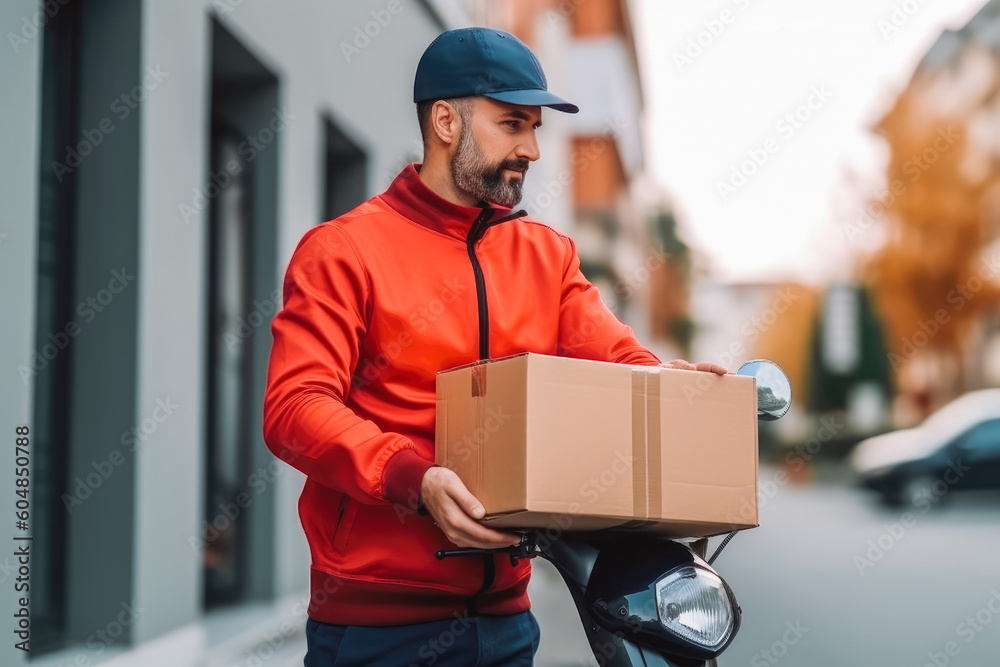 Delivery man delivering a parcel box to customer. Postman holding a brown cardboard box package. Generative AI Delivery man delivering a parcel box to customer. Postman holding a brown cardboard box package. Generative AI